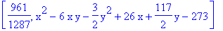 [961/1287, x^2-6*x*y-3/2*y^2+26*x+117/2*y-273]